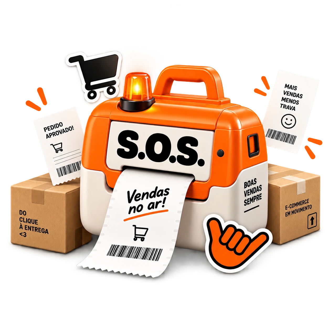 Maleta laranja S.O.S. com impressora de pedidos, caixas e etiquetas de vendas
